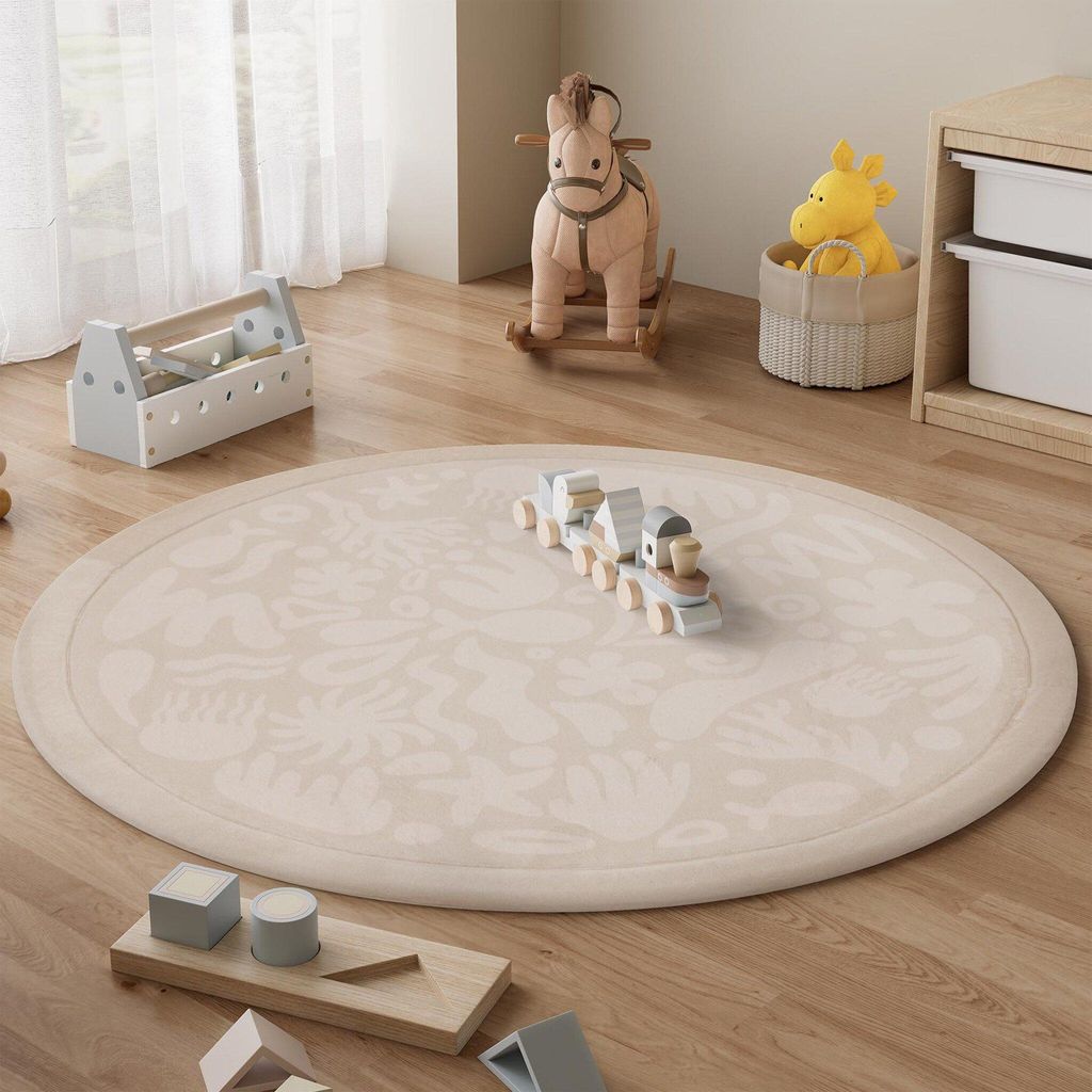 Litlle Olly - Waschbare Spielmatte Rund - Flo Beige - Ø 120cm - Kinderzimmer, Babyzimmer