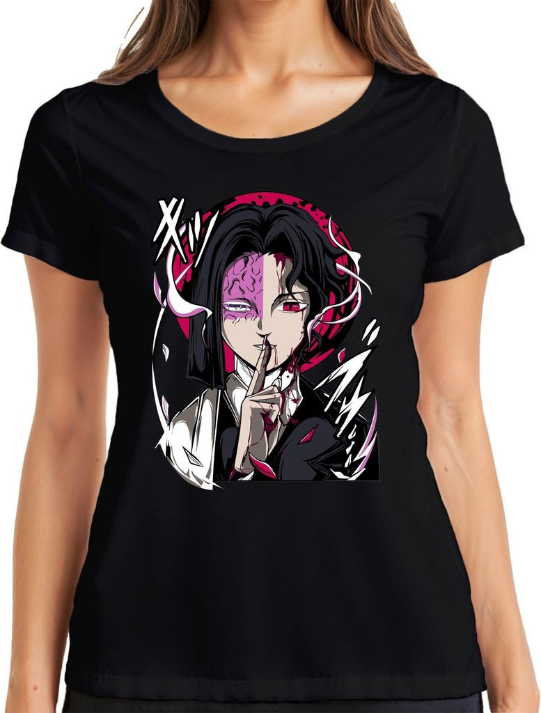Anime Dämon Halbgesicht Blut Rotes Auge Psst Gothic Halloween Damen T-Shirt, Schwarz, L