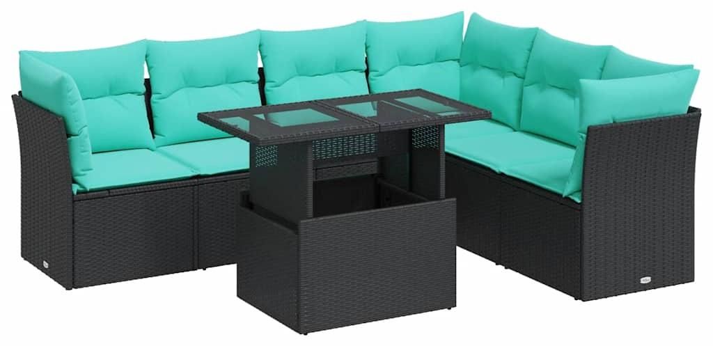 vidaXL 7-tlg. Garten-Sofagarnitur mit Kissen Schwarz Poly Rattan Akazie
