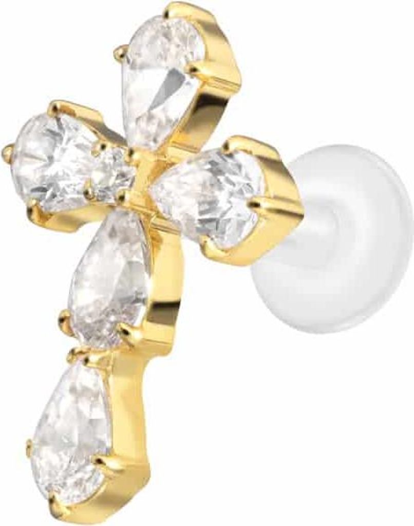 Ohrpiercing, Nasenpiercing PTFE Labret mit Innengewinde + Titan-Aufsatz KRISTALLKREUZ Gold Stablänge: 7mm | Stabstärke: 1,6mm