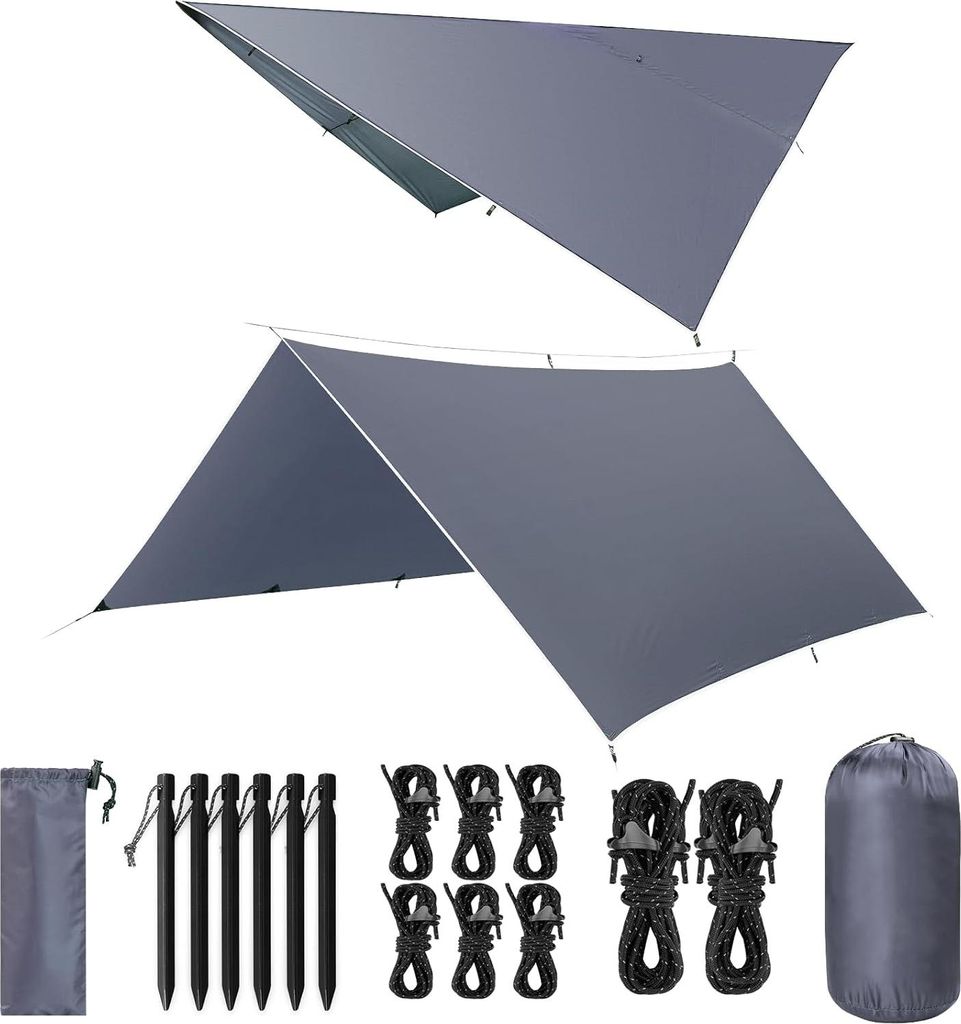 Tarp 3 x 3 m wasserdicht, ultraleicht Campingzeltplane, anti-UV Sonnenschutz gegen Regen, Schnee, mit Ösen + Aluminiumheringen + Nylonseilen, leic...