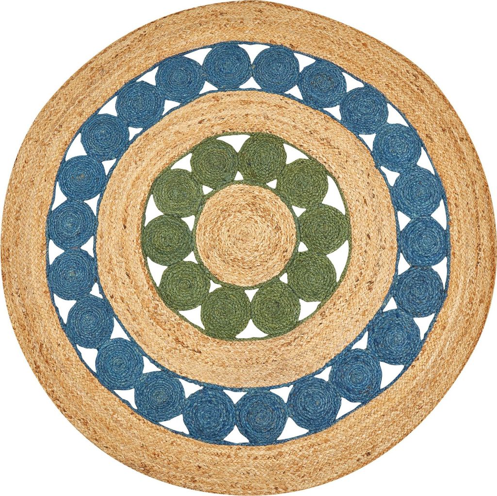 BELIANI Teppich Blau und Grün Rund ø 140 cm Rustikaler Boho Spirale Geflochtene Handgefertigt Natur Jute Schlafzimmer Wohnzimmer