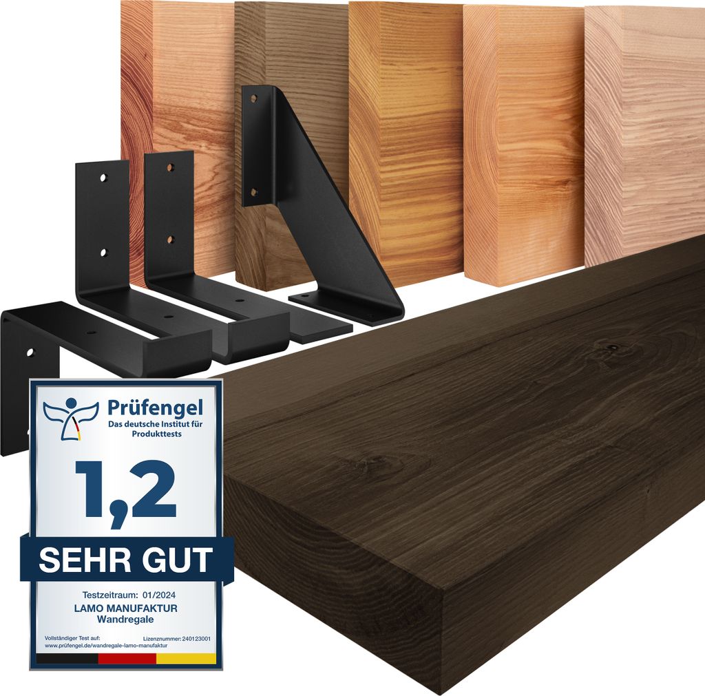 LAMO Manufaktur Wandregal Holz Gerade | Regal Farbe: Schwarz | mit weißem Vintage Regalträger | 50 cm