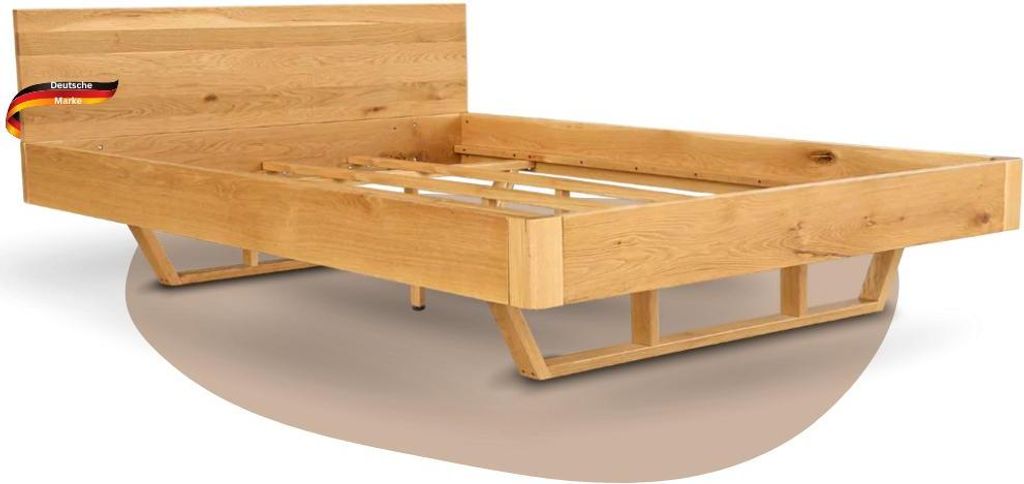 DELUKE Massivholzbett 180x200cm KEILO - Eichenholz | Bettrahmen mit Bettkopf, Holzbett naturgeölt, Holzkufen | Bettgestell Doppelbett Futonbett