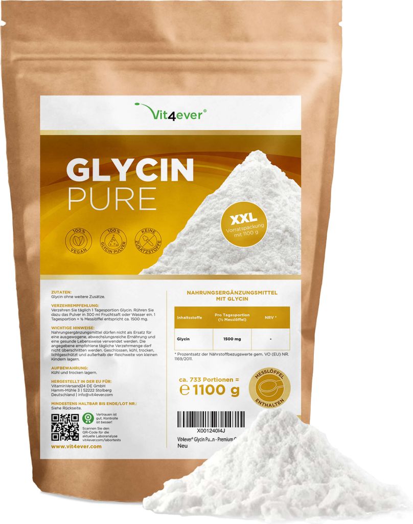 Glycin Pure - 1100 g  reines Pulver - Keine Zusatzstoffe - 733 Portionen - 100% Glycine Aminosäure - Vegan