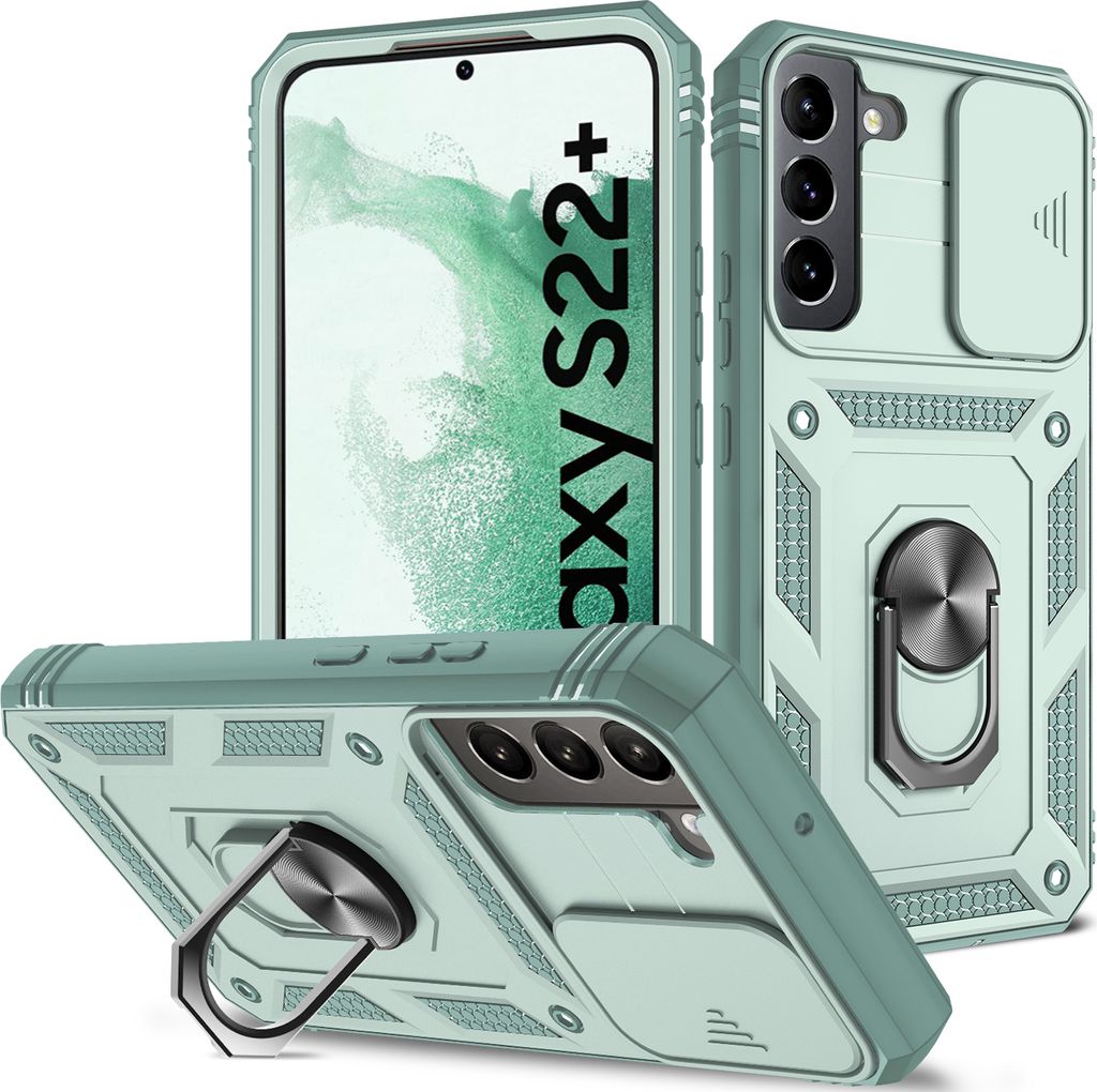 Galaxy S22 Plus 5G Hülle, Schiebe Kamera Schutz Robust Rüstung Stoßfest Schutzhülle mit Ringhalterung Ständer Kartenhalter für Samsung Galaxy...