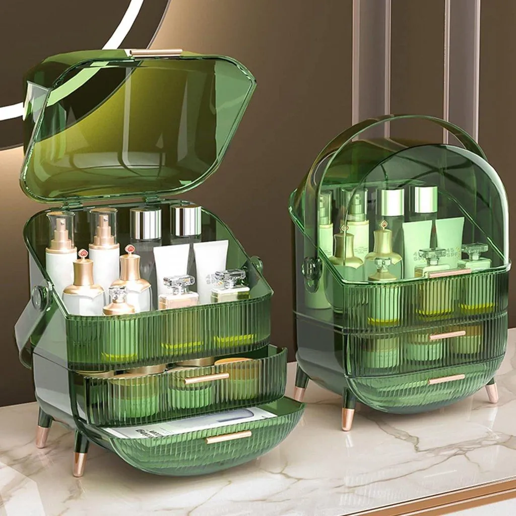 Rangement maquillage multifonction vert rétro avec tiroirs à bijoux - 5