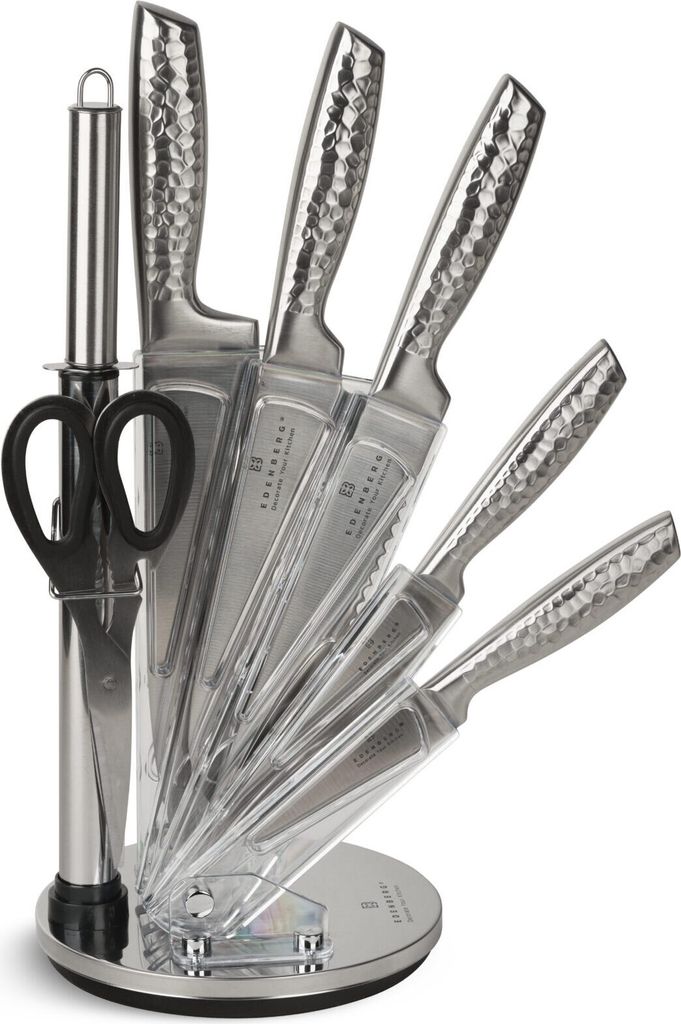 8tlg. Silberne Küchenmesser mit drehbarem Ständer 360°, Hackmesser, Kochmesser Brotmesser Universalmesser Gemüsemesser Messerschärfer Küchens...