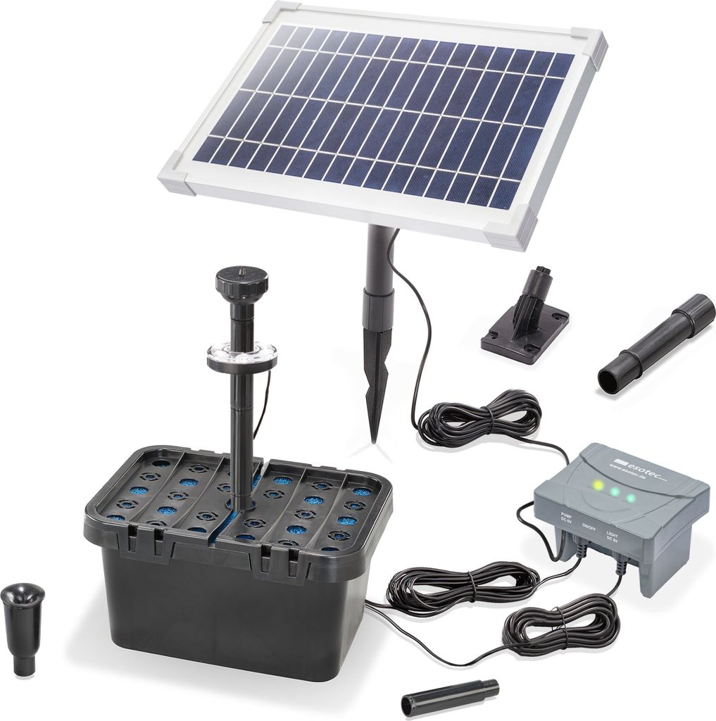 A solar-powered pond filter set with various accessories, laid out on a white background.