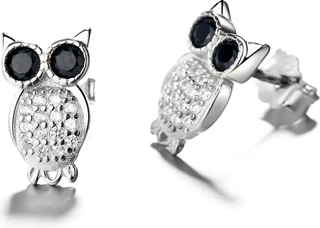 Boucles d'oreilles puces chouette en argent massif et cristaux de zircon