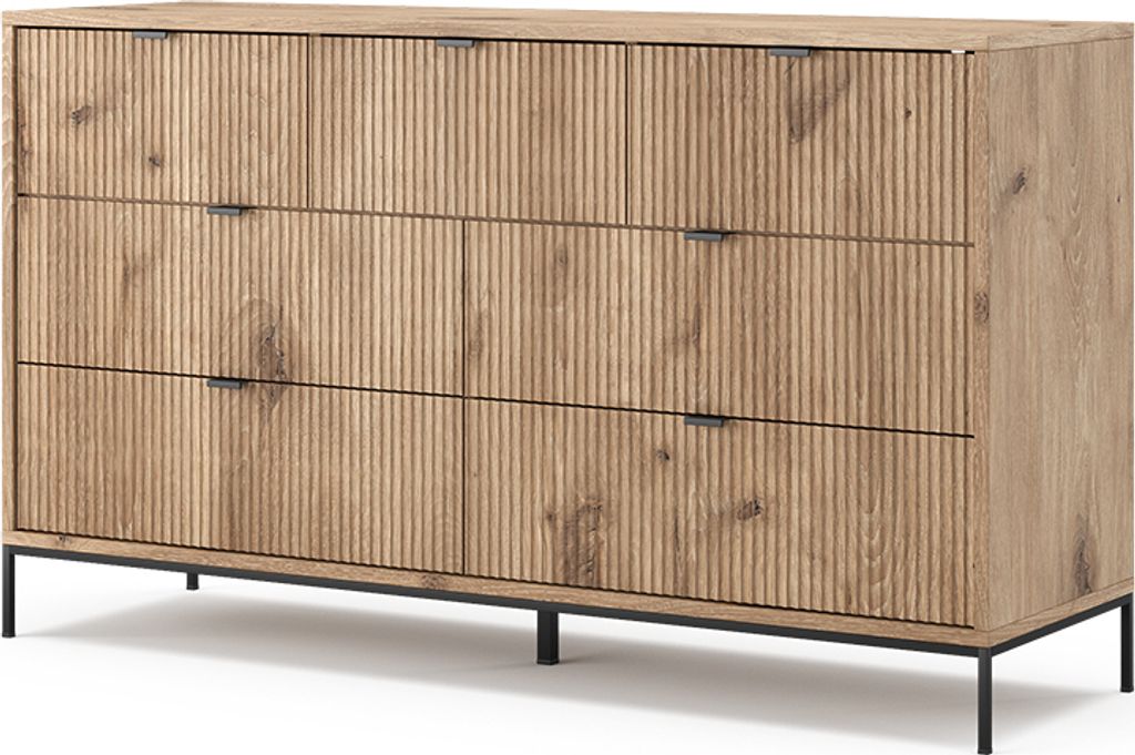 A wooden dresser with a ribbed front and black metal legs, shown against a white background.