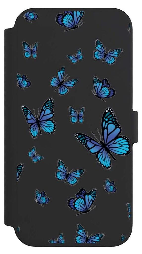 NIVOCASE Klapphülle für Apple iPhone 14 Pro Max Handyhülle aus Kunst Leder NIVOflip schwarz Muster Schmetterling transparent
