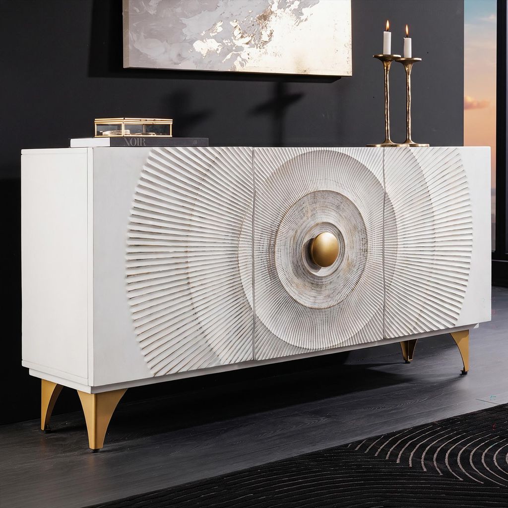 riess-ambiente Sideboard GOLDEN SUNSET 140cm weiß gold massives Mangoholz Metall mit 3D Schnitzereien