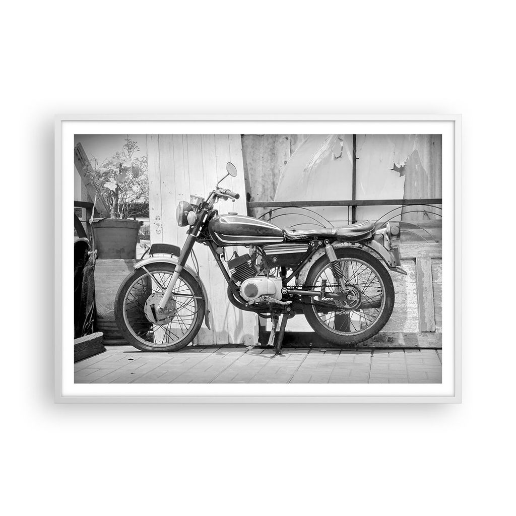 Gerahmtes Poster - Weißer Rahmen - Alt Motorrad Schwarz und Weiß - 100x70 cm - Wand Bild - Wanddeko - Wandbilder - Kunstposter - Wandposter - Bil...
