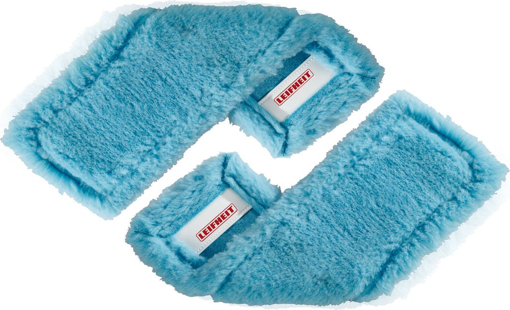 Two blue mop heads with white labels are arranged diagonally on a white background.