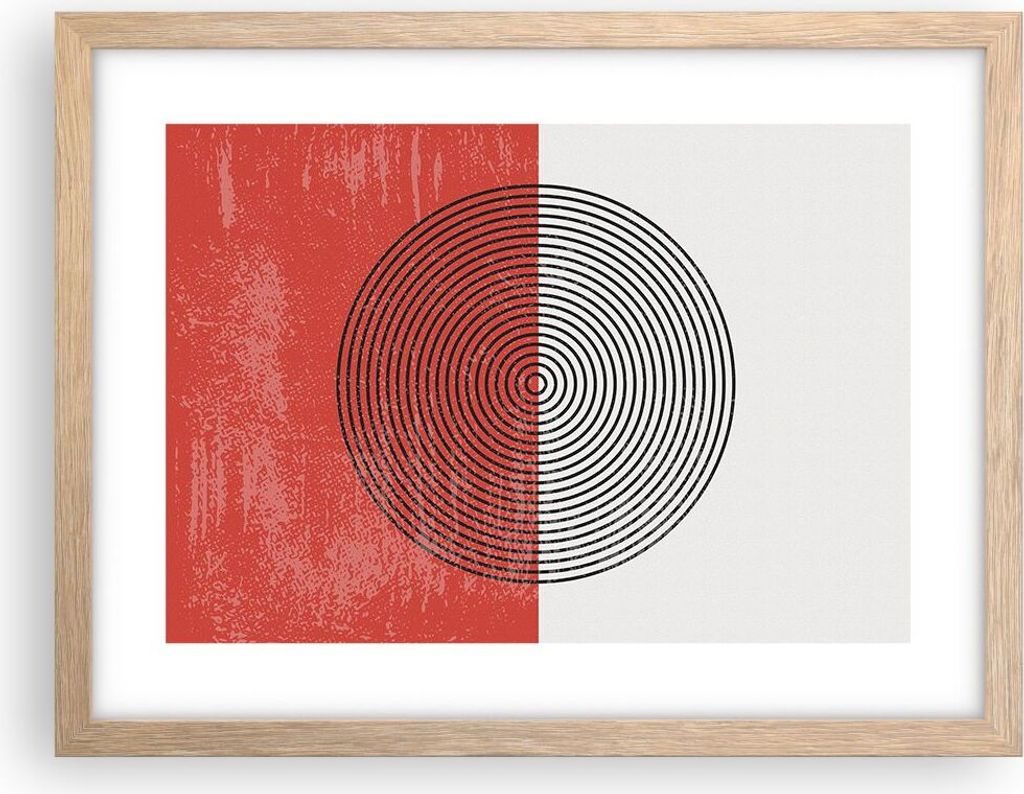 Gerahmtes Poster - Rahmen in heller Eiche - Abstraktion Weiß-Rot Kreise - 40x30 cm - Wand Bild - Wanddeko - Wandbilder - Kunstposter - Wandposter ...