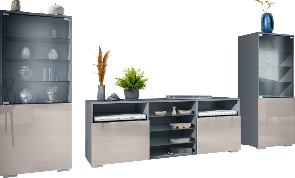 Vladon Wohnwand Granada, Anbauwand bestehend aus 2 Vitrinen und 1 TV-Board, Anthrazit matt/Sandgrau Hochglanz (286 x 122,5 x 35 cm)