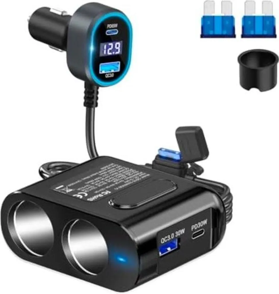 Splitter 12V avec Voltmètre LED et Charge Rapide Double USB-C QC 3.0