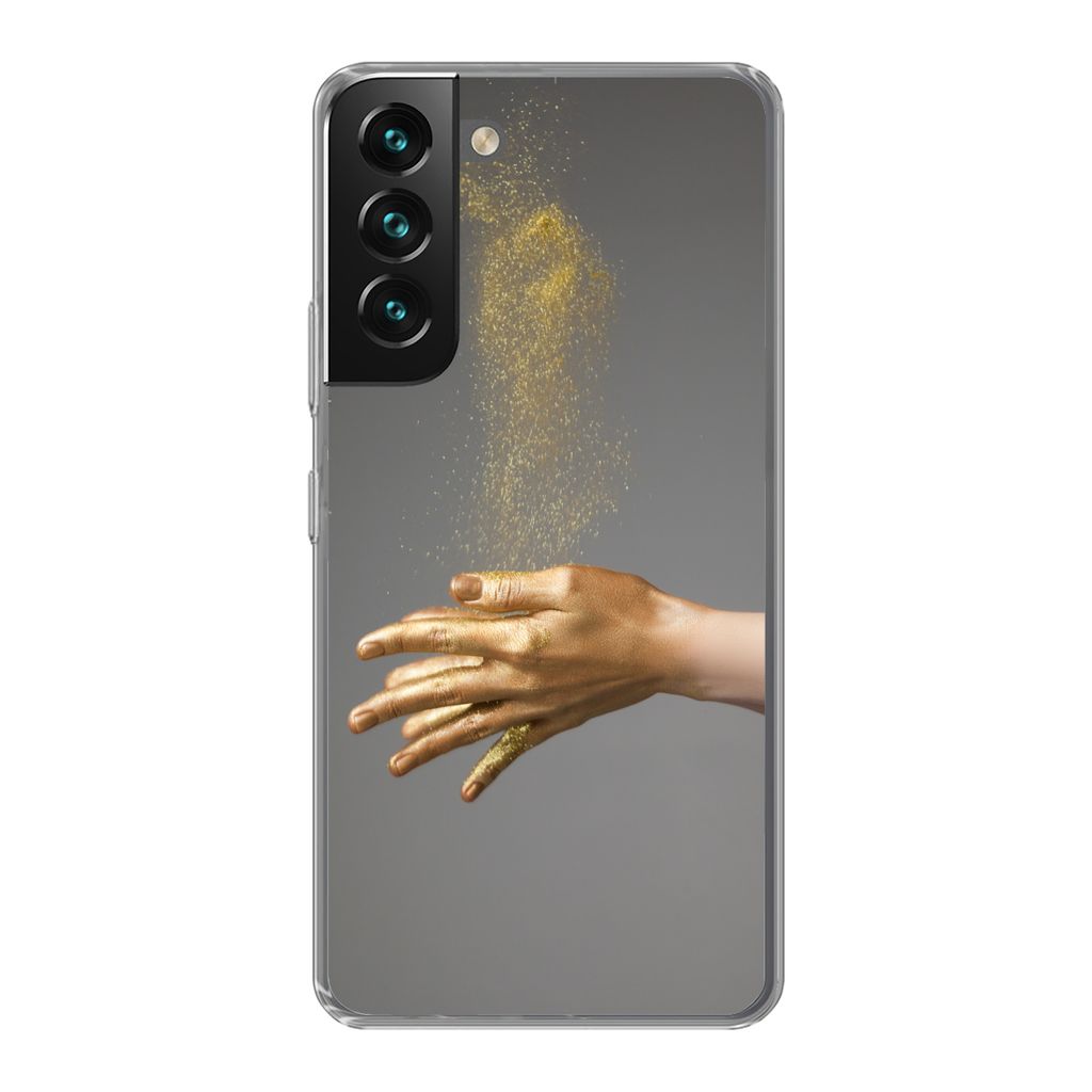 MuchoWow Handyhülle Schutzhülle Hülle für Samsung Galaxy S22 Plus Frau mit goldgefärbten Händen und einer Glitzerwolke Silikon Softcase Han...