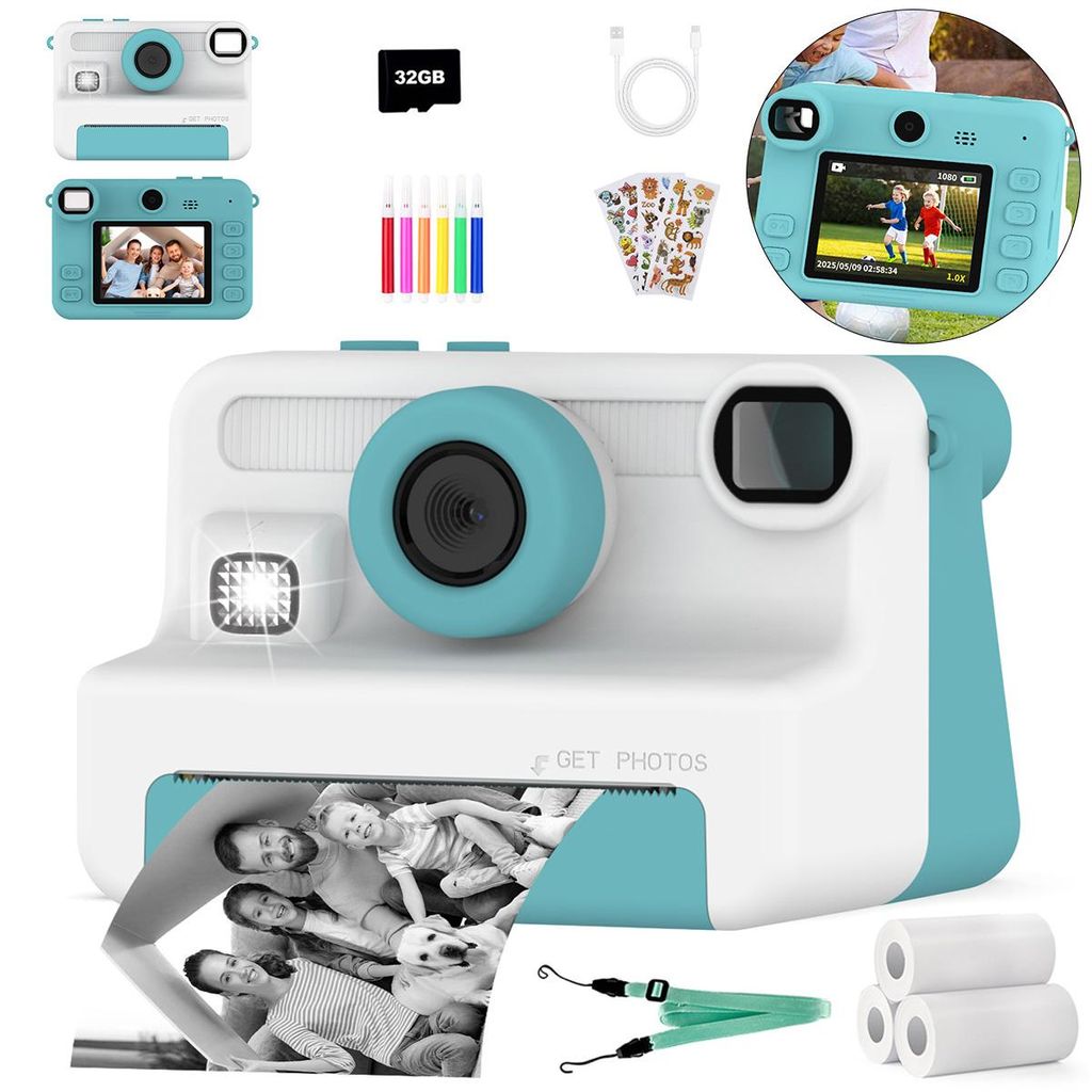 Sofortbildkamera Kinder, 1080P HD Kinderkamera Sofortdruck mit 32GB Karte, Digitalkamera Spielzeug Geburtstag Geschenke für Jungen/Mädchen