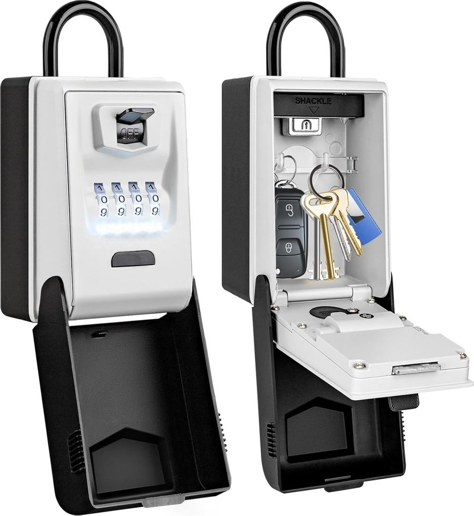 Schlüsselbox mit Halterung Outdoor Leuchtende Schlüsselbox - Tragbares 4-stelliges Kombinationsschloss - Wasserdicht - Große Lockbox für Home O...