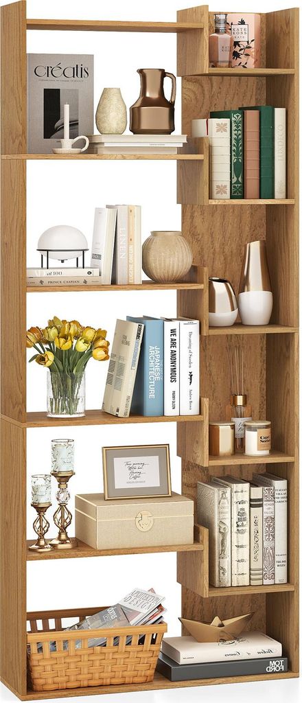 Bücherregal, 163 cm Standregal Holz, Regal mit 11 offenen Fächern, 2 Kippschutz-Sets, Raumteiler Regal, freistehendes Aufbewahrungsregal (Natur)