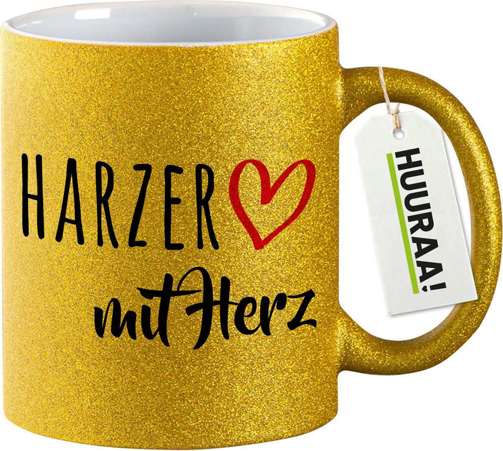 Huuraa Glitzertasse Harzer mit Herz 330ml Gold Keramik Kaffeebecher Geschenkidee