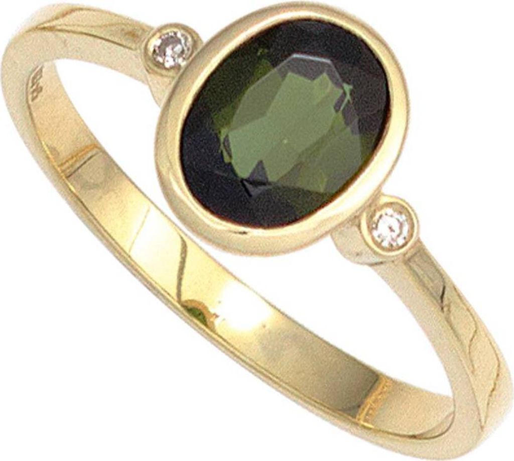 JOBO Damen Ring 585 Gold Gelbgold 1 Turmalin grün 2 Diamanten 0,02ct. Goldring Größe 50