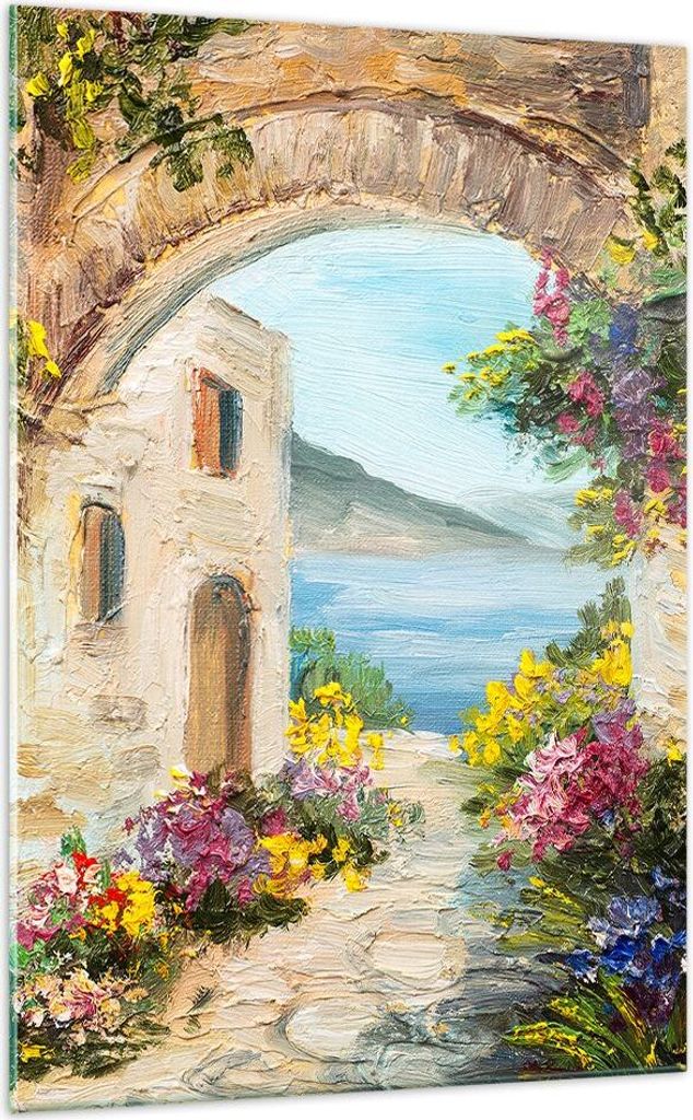 Bilder auf glas - Einteilig - Haus Santorini Blumen - Produktbild 
