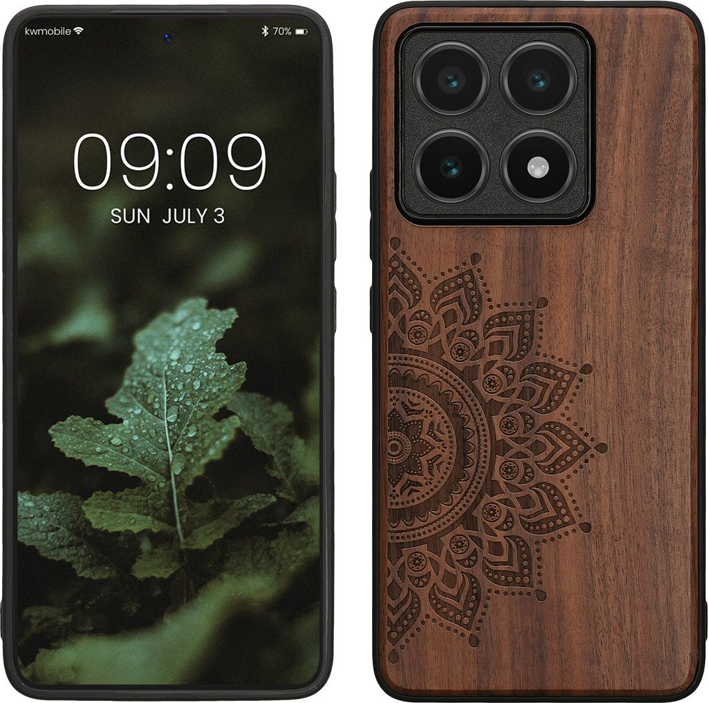 kwmobile Hülle kompatibel mit Xiaomi 14T Hülle - Holz Case - Handy Cover - TPU Handyhülle in Dunkelbraun Aufgehende Sonne