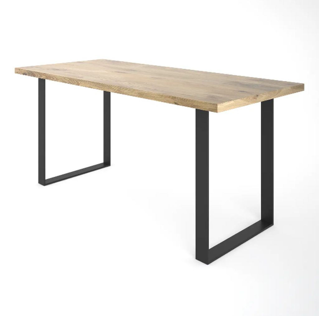 A table with a wooden top and black metal legs, shown against a white background.