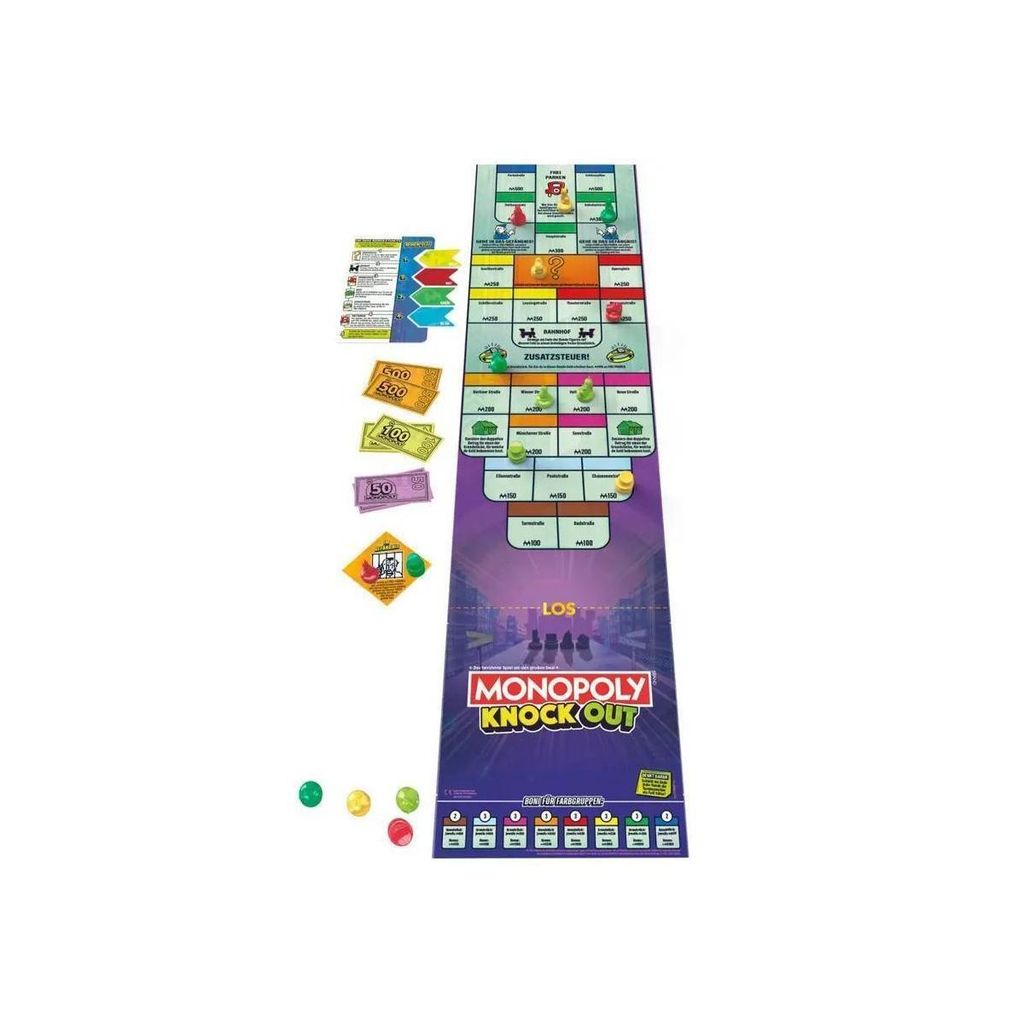 A Monopoly Knockout board game laid out with game pieces and money.