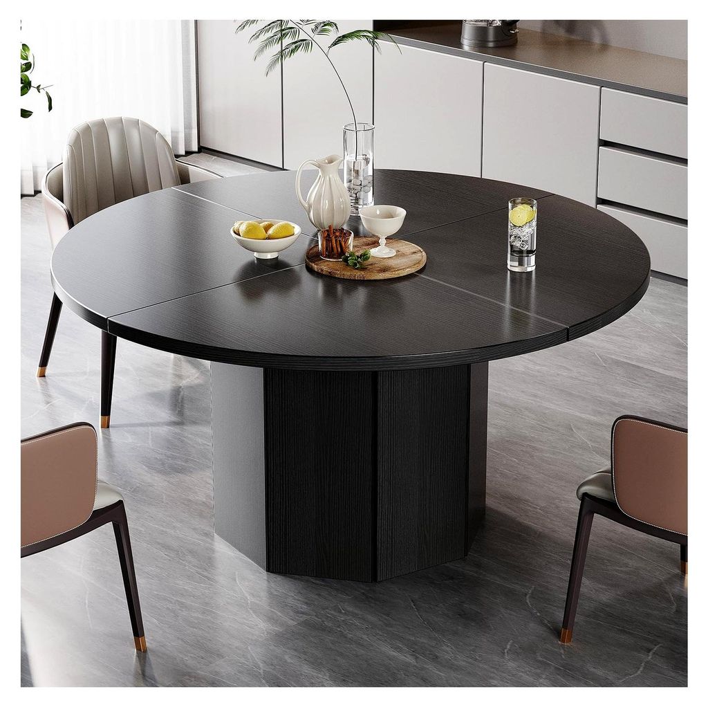 Runder Esstisch aus Holz für 4 bis 6 Personen mit achteckiger Basis in Schwarz Eiche, 120 cm