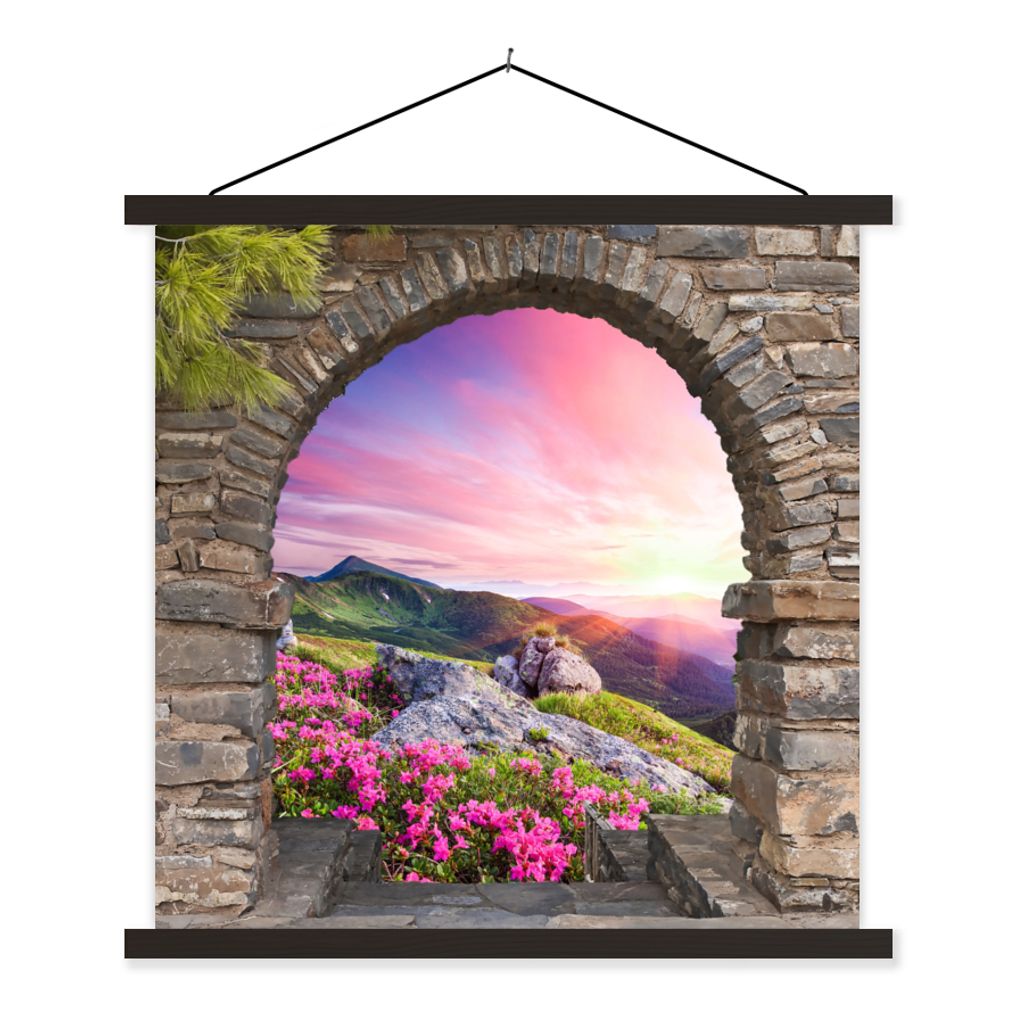 MuchoWow Textilposter Landschaft - Aussicht - Blumen - Berg 120x120 cm mit schwarzem Rahmen - Aufhängungsset