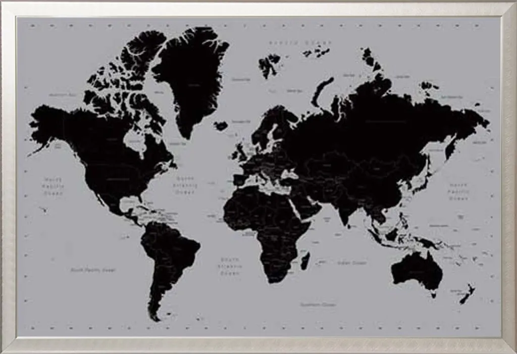 Décoration Murale Carte Géographique et Cadre Aluminium Argenté Shinsuke