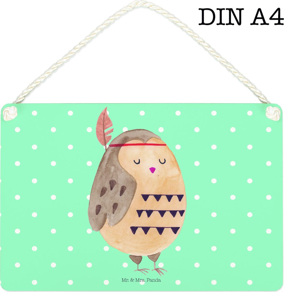 Mr. & Mrs. Panda Schild Eule Federschmuck DIN A4 - Türkis Pastell - Geschenk, wandtafel, Wandbild Holz, Owl, holzbild, Dekoration, hängeschild, W...