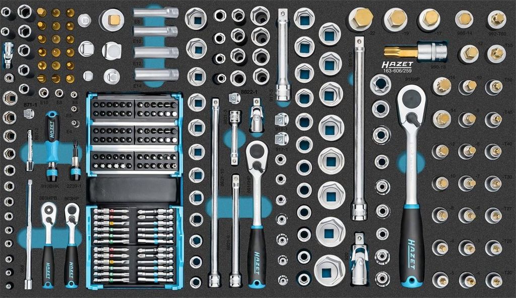 Hazet Steckschlüssel Satz 1/4 (6,3 mm) Vierkant hohl, 3/8 (10 mm) Vierkant hohl, 1/2 (12,5 mm) Vierkant hohl, 1/4 (6,3 mm) Sechskant massiv, Tampe