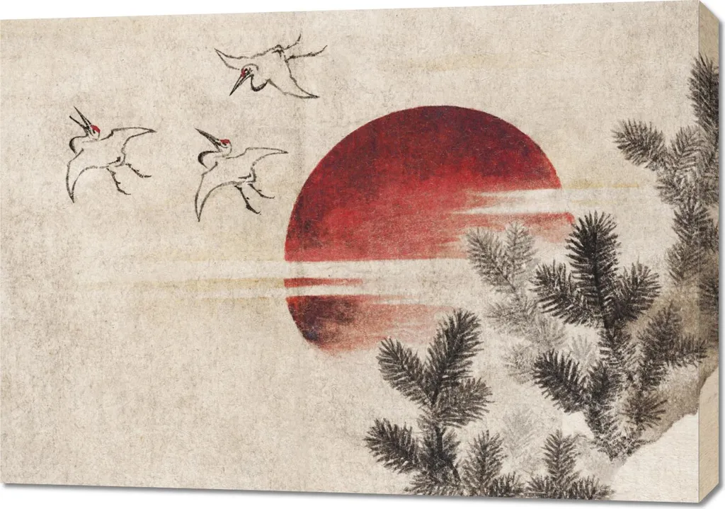 Arte Giapponese Quadro Hokusai 100x70 cm Tramonto e Uccelli Vintage
