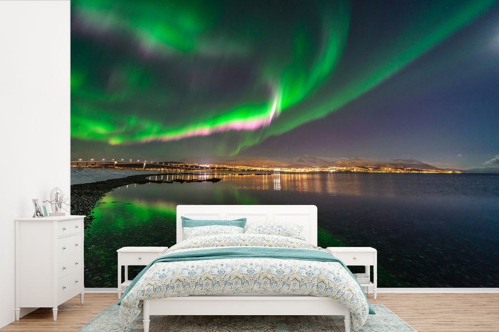 MuchoWow Fototapete für Wohnzimmer oder Schlafzimmer Wandtapete Vinyl Motivtapete Nordlichter - Nacht - Rosa - 420x280 cm - Zimmer für Kinder