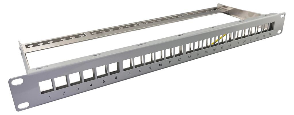helos Keystone - 19“ Modultrдger 1 HE 24 Port, Entlastungsschiene, grau