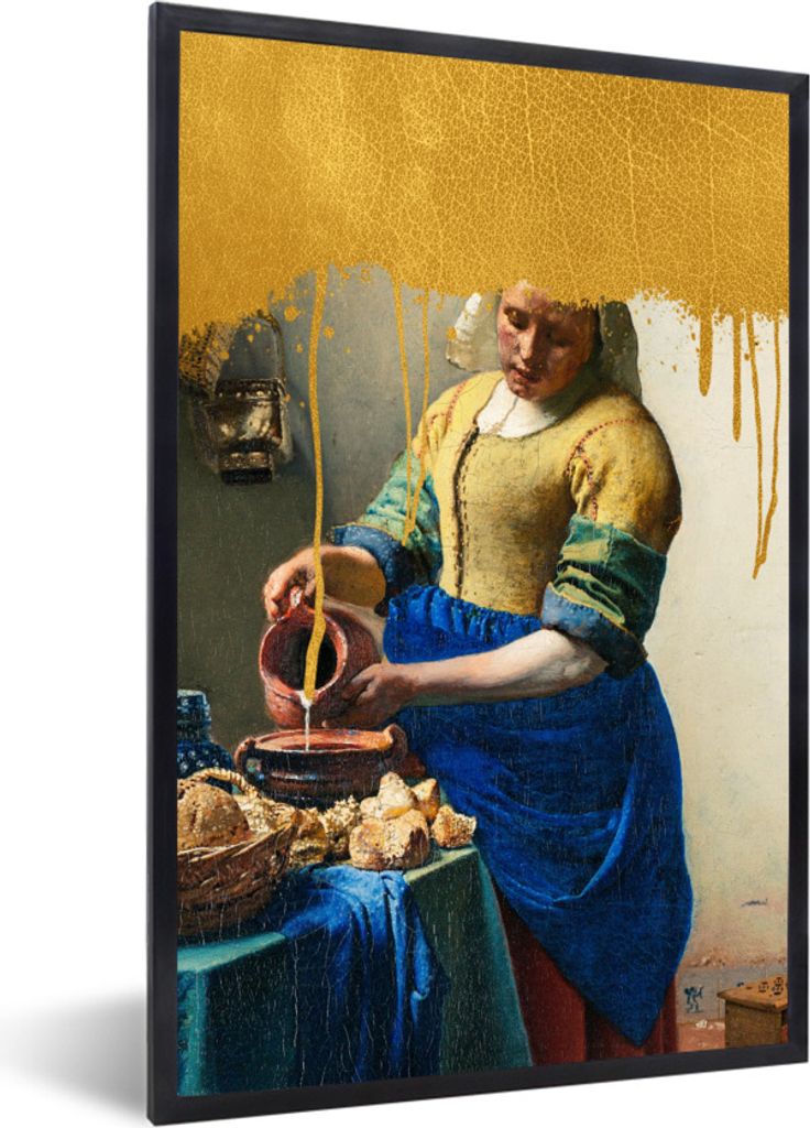 MuchoWow Gerahmtes Poster Milchmädchen - Gold - Vermeer 40x60 cm - Poster mit Schwarzem Bilderrahmen Wandposter Rahmen Foto Bilder - Papierdruck...