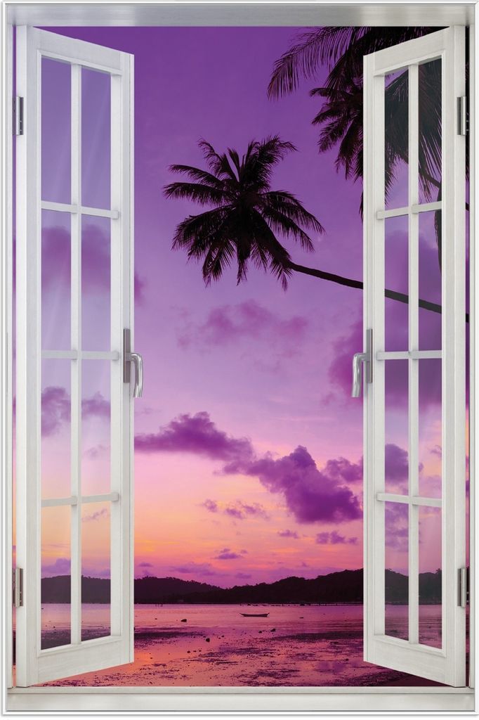 Wallario Wandbild mit Fenster-Illusion: Sonnenuntergang unter Palmen Himmel in lila und orange, Größe: 61 x 91,5 cm, Poster mit weißem Aluminiu...