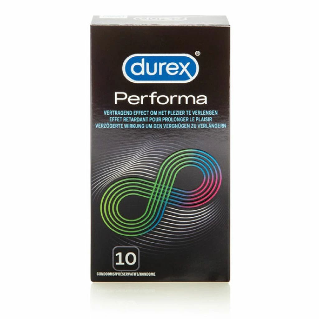 A box of Durex Performa condoms against a white background.