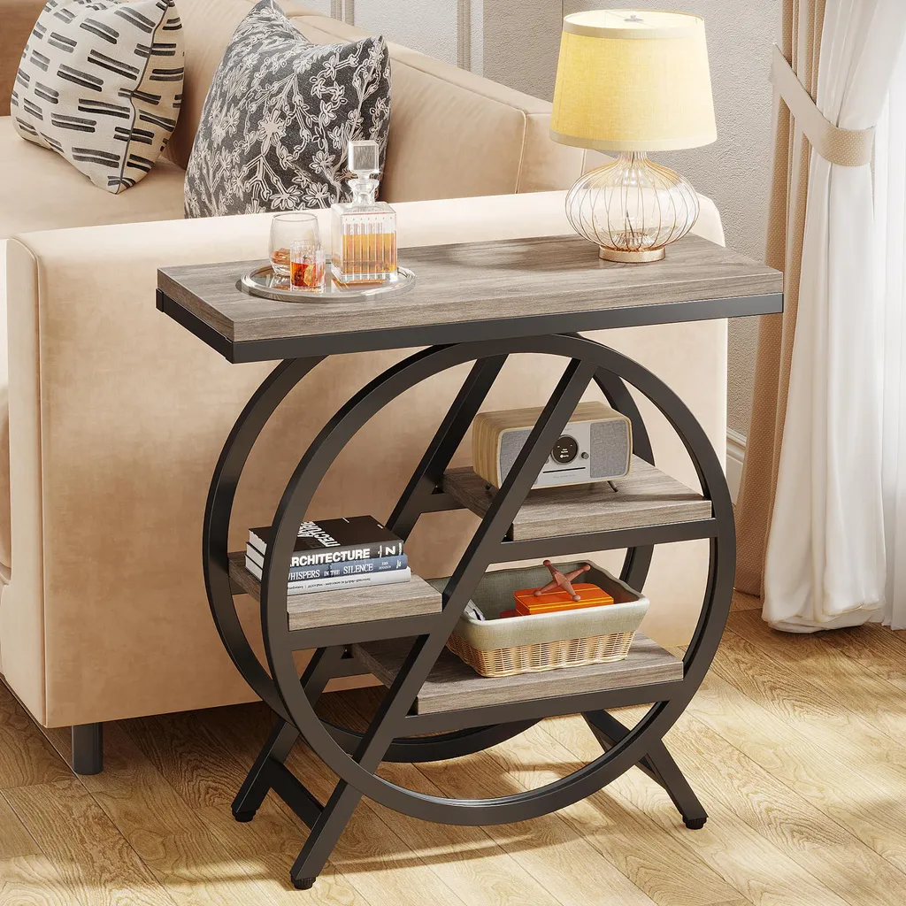 Tavolino, tavolino da divano con contenitore, tavolino a 4 ripiani, comodino in stile rustico, per soggiorno, ufficio domestico, camera da letto, grigio