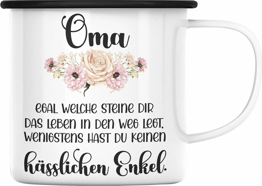 Trendation - Beste Oma Geschenk Emaille Tasse Geburtstagsgeschenk von Enkel Geschenkideen Lustig Geburtstag (Schwarz)