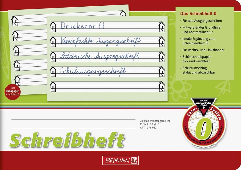 Schreibheft A5 quer Lineatur 0 90 g/qm 16 Blatt Packung mit Produktbild 