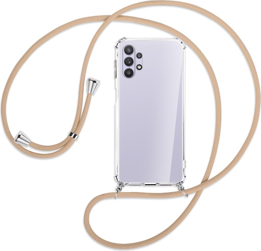 Handykette Backcover-Schutzhülle mit Band (Metall silberfarben) für Samsung Galaxy A32 5G - beige