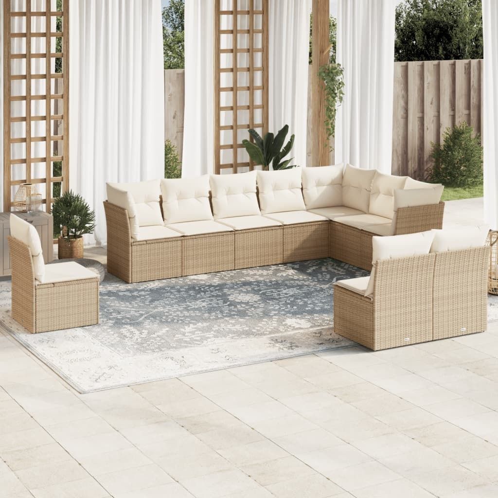 Schlichtes 10-tlg. Garten-Sofagarnitur,Lounge-Gartenmöbel, Gartensofa Set mit Kissen Beige Poly Rattan DE1577