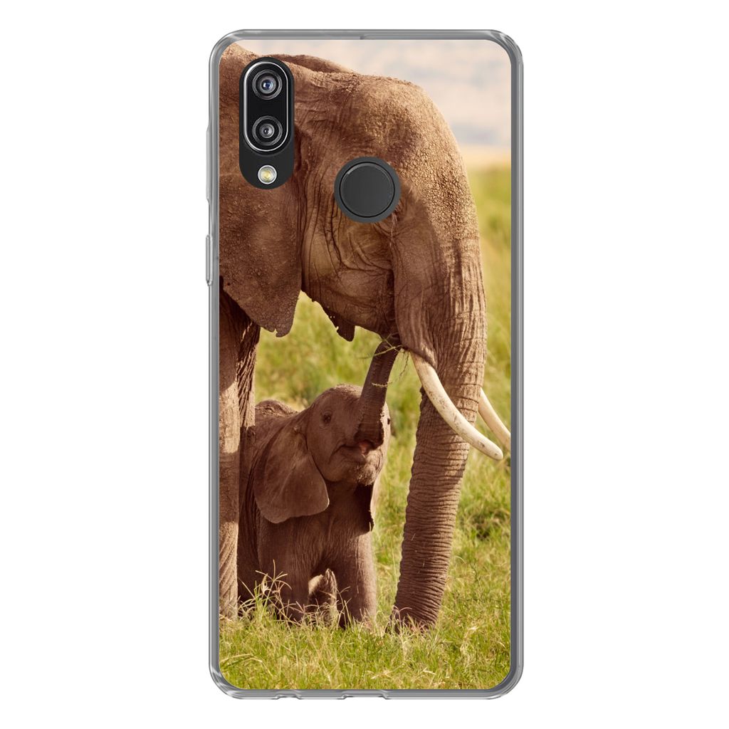 MuchoWow Handyhülle Schutzhülle Hülle für Huawei P20 Lite (2020) Elefant - Gras - Jung - Rüssel Silikon Softcase Handy Hülle - Kartenhalter