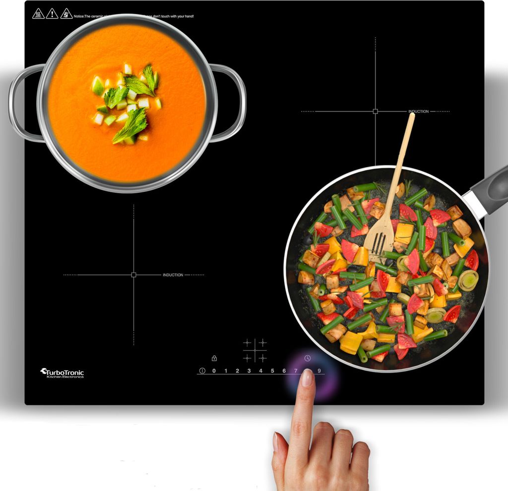 TurboTronic Induktionskochfeld 60 cm - IC4 - Autark, 4 Kochzonen, 7400W, Timer, Touch, Kindersicherung, Kristallglas, Topferkennung